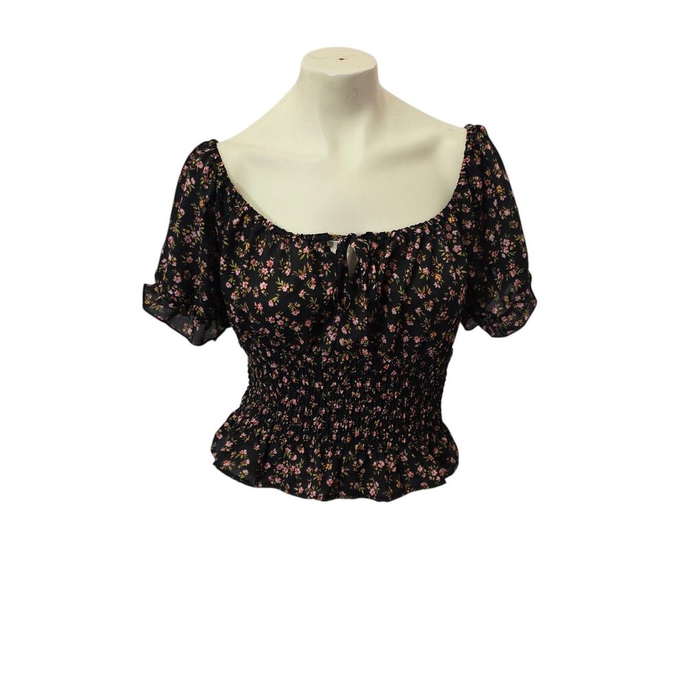 Blush Black Floral Smocked Peplum Blouse Puff Sleeve Cottagecore Top XL